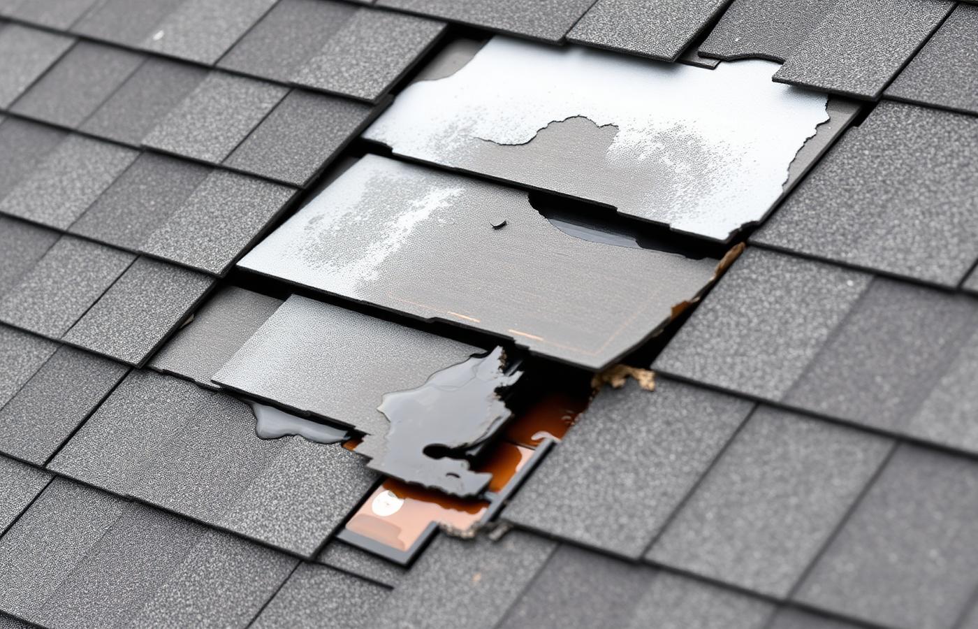 Roof before repair, with damaged shingles and visible wear