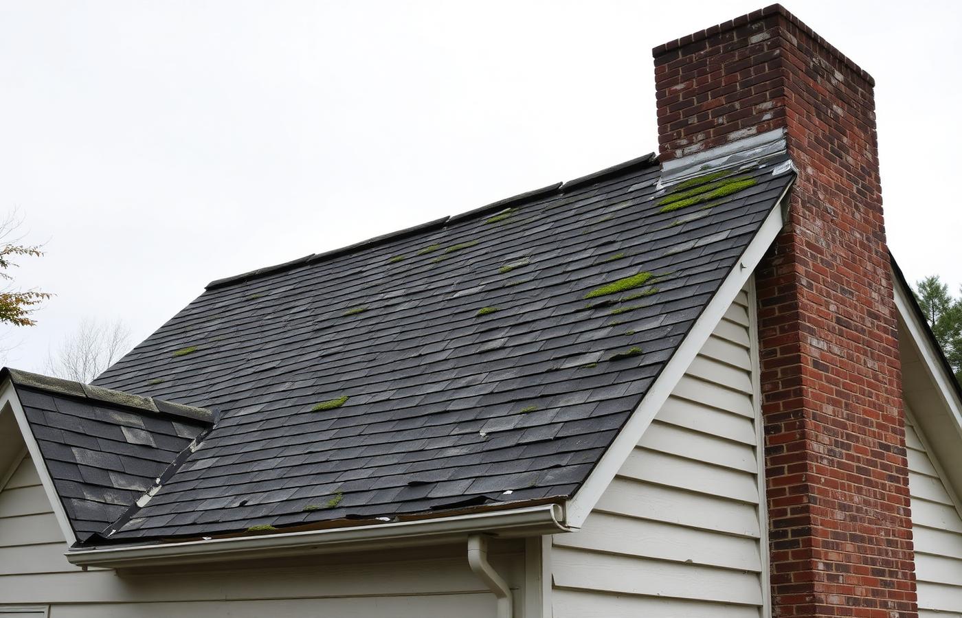 Old, worn asphalt shingle roof with moss and missing shingles