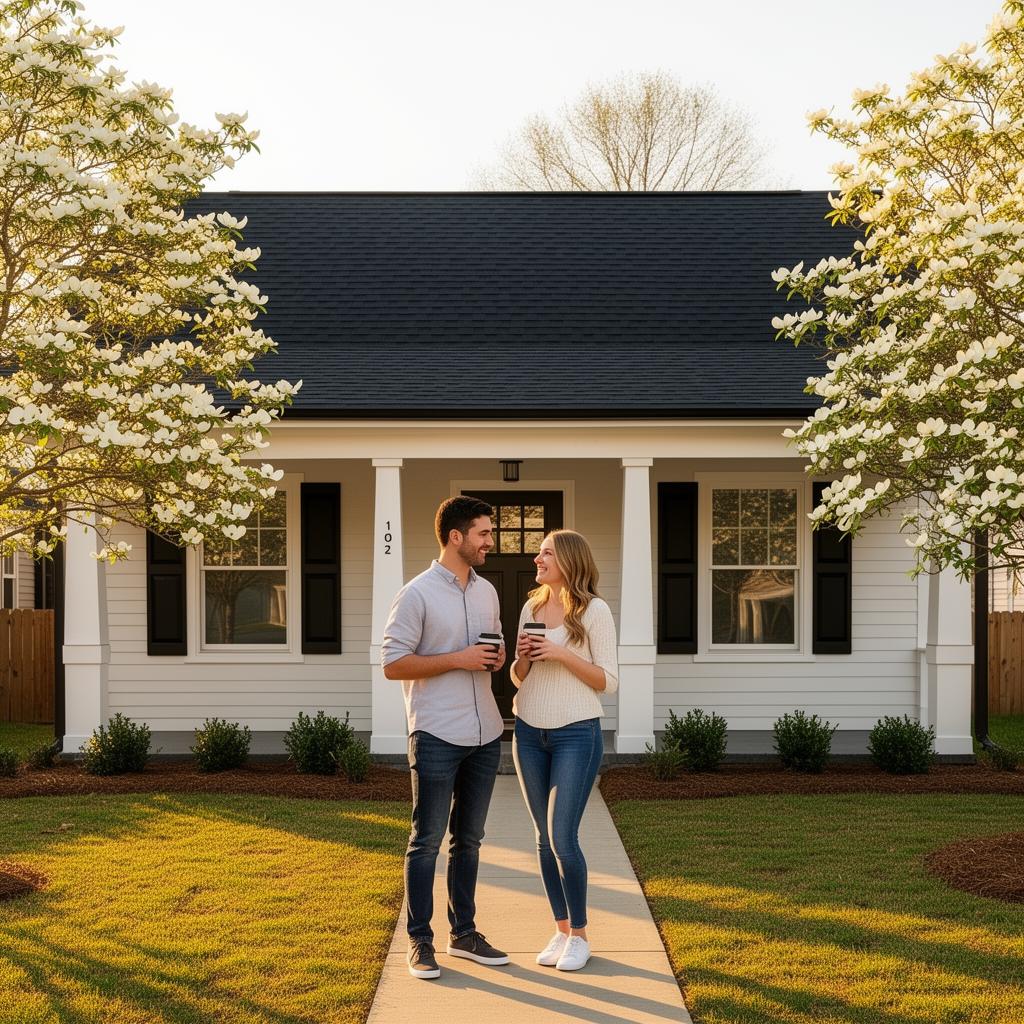 Young couple standing outside their Gastonia, NC craftsman bungalow with a new dark shingle roof