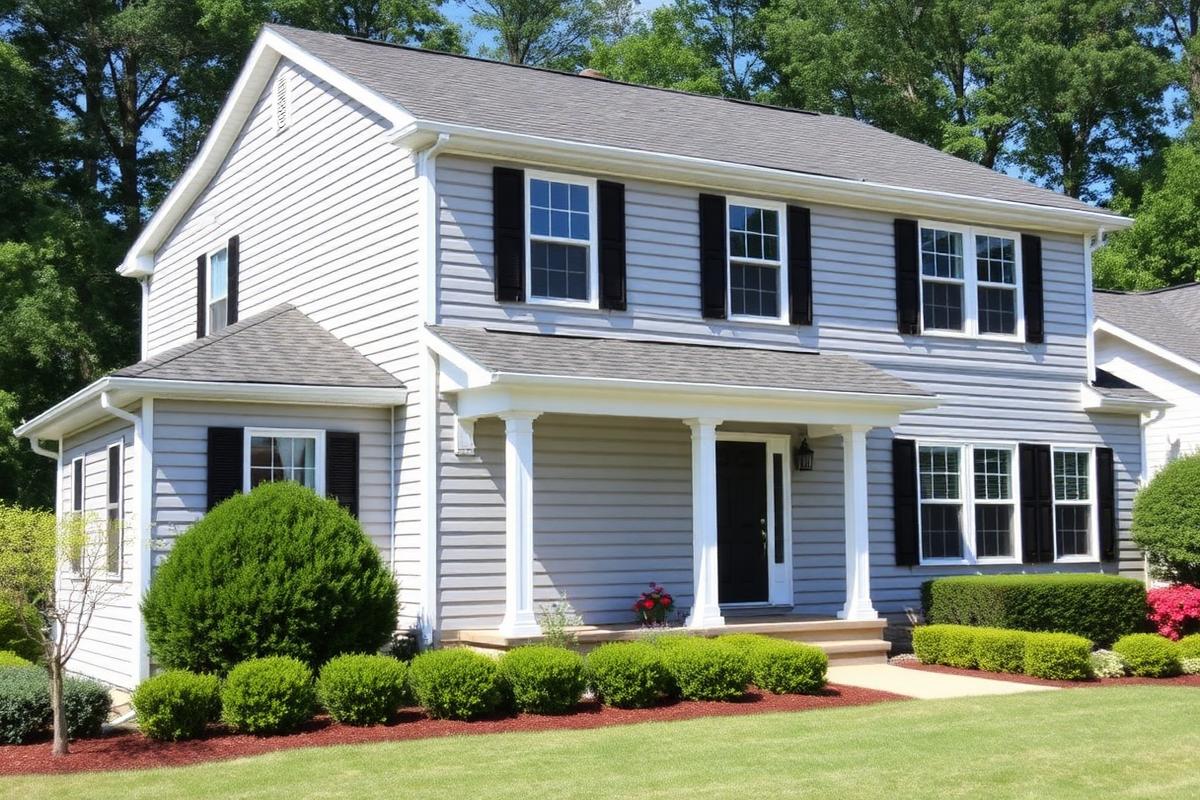 Two-story home in Charlotte, NC with new gray vinyl siding and white trim