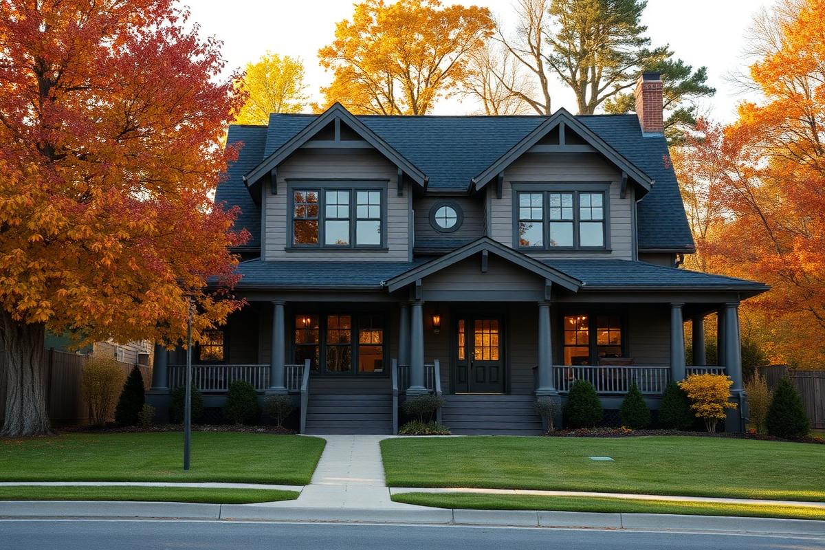 Craftsman home in Kings Mountain, NC with completed dark architectural shingle roof in autumn