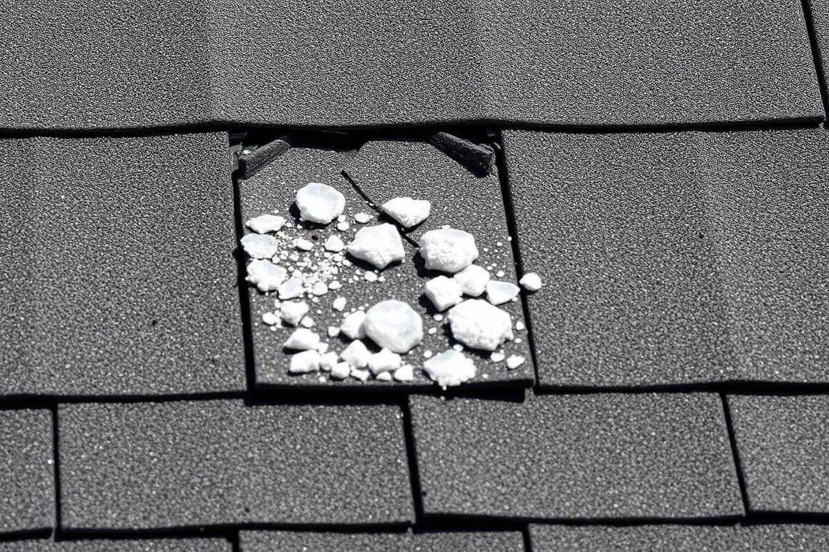 Close-up of hail-damaged asphalt shingles with broken granules from a Cleveland County NC storm