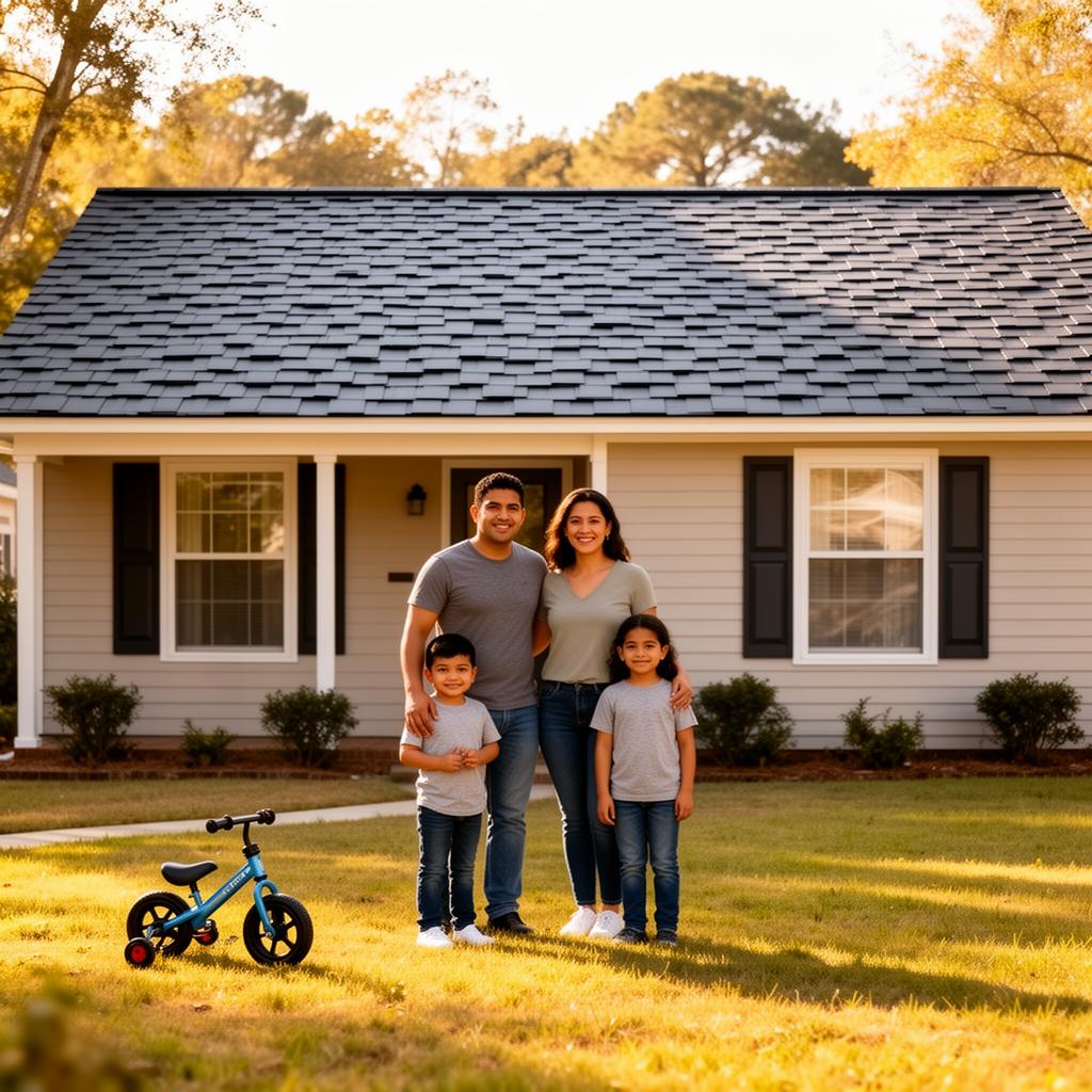 The Ramirez family in front of their newly re-roofed Belmont, NC home at golden hour