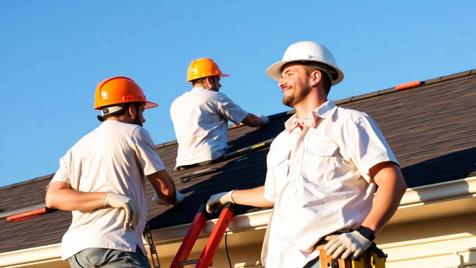 Roofing crew installing new architectural shingles